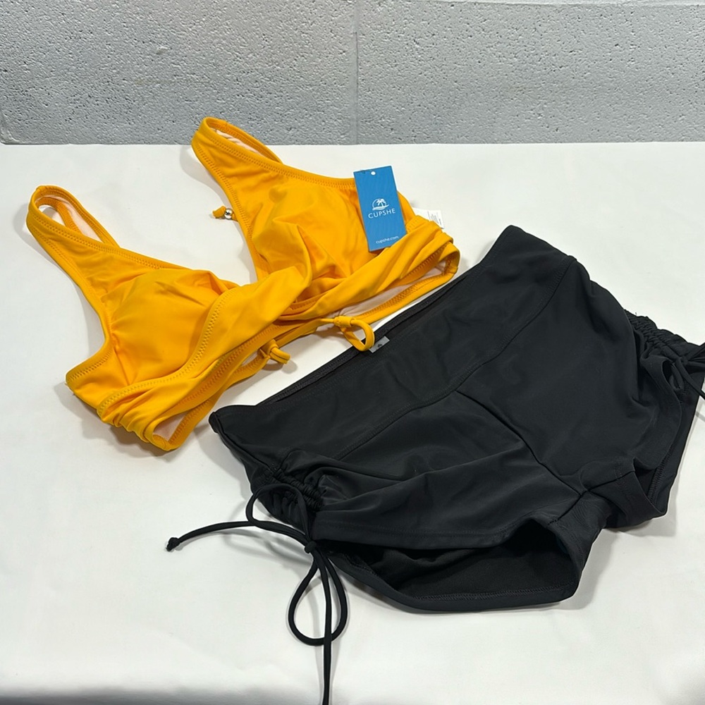 NWT Cupshe padded, yellow top w/summer Mae’s black Boy, short bikini, bottom